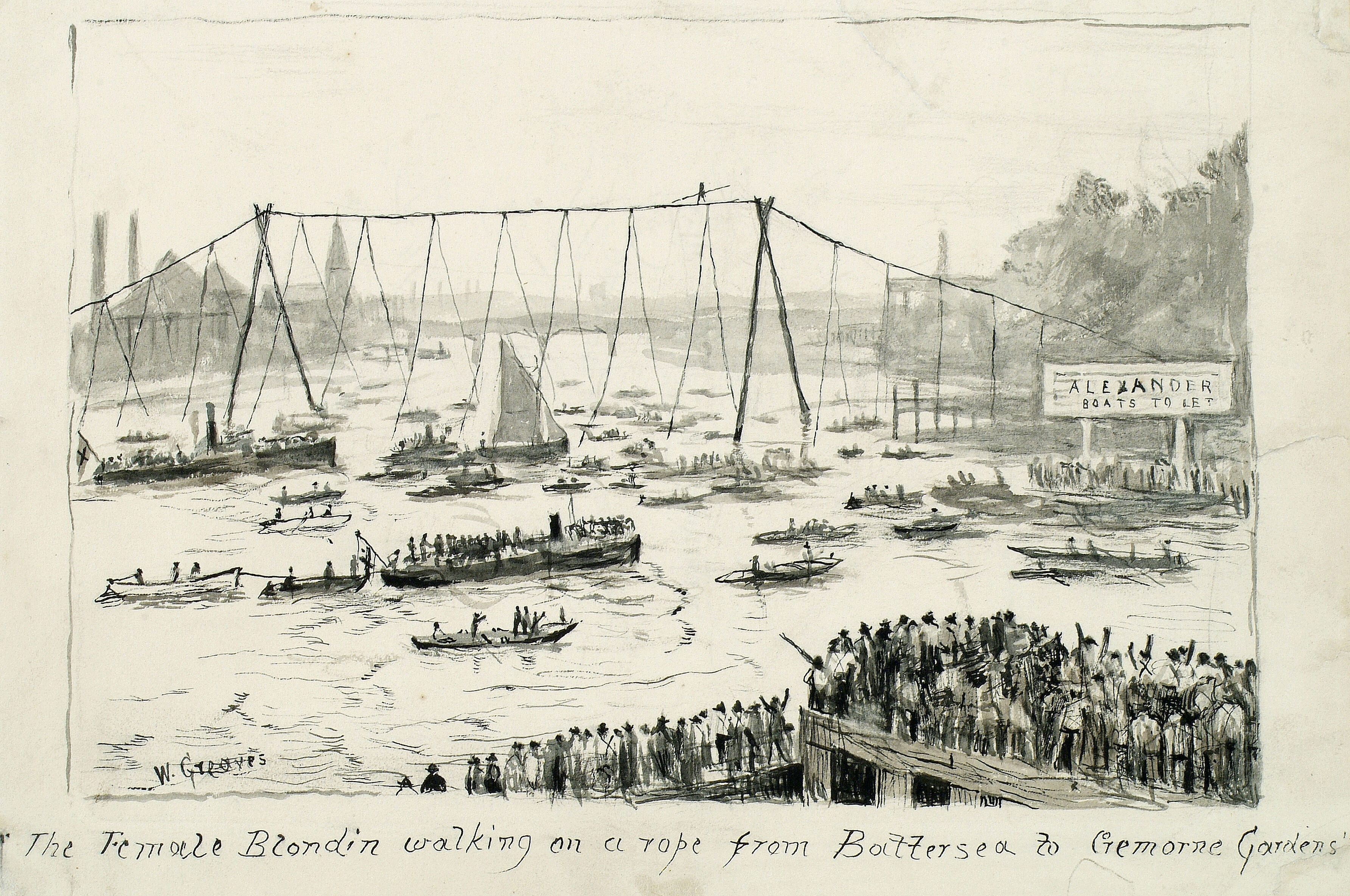 The Female Blondin walking on a rope from Battersea to Cremorne Gardens