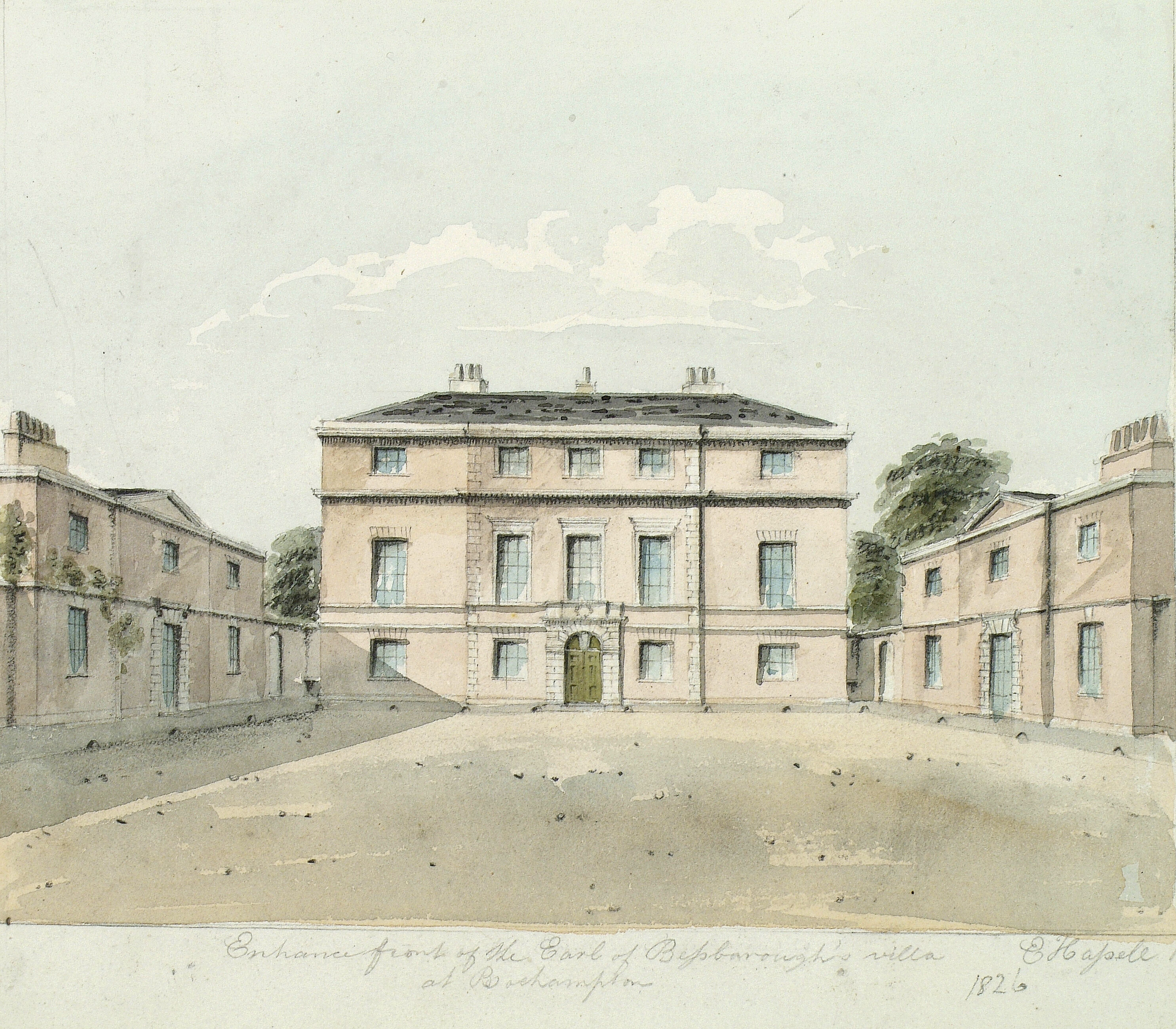 Entrance front of the Earl of Bessborough's villa at Roehampton