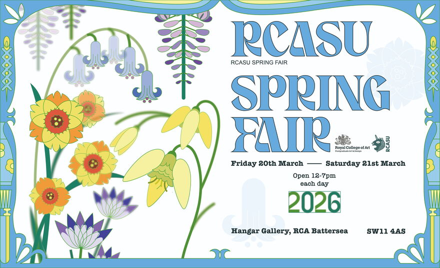 Spring flowers (wysteria, daffodils, bluebells) hand over text that reads 'RCASU Spring Fair'