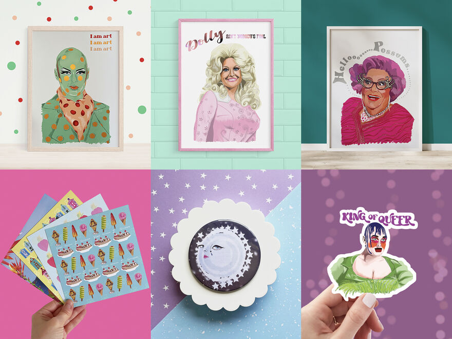 A cover image, featuring six photos which showcase the work of Fancypantsrodgers Illustration. From left to right (top row):
