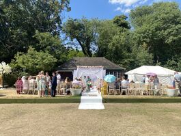 green space with white decreations 