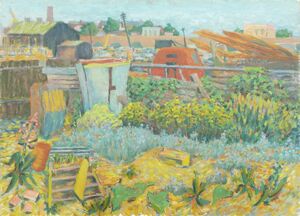 oil painting of a bomb site in battersea