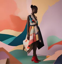 An image of a model wearing a dress made from various fabric pieces