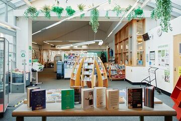 library with ooks around with ookcases and fake plants