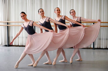 pink skirts with black top all dark hair curtsy