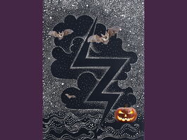A black and white drawing of stars and lightening, with a pumpkin and bats