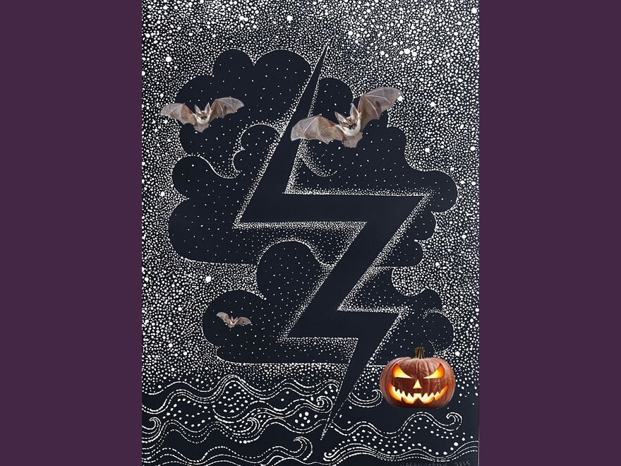 A black and white drawing of stars and lightening, with a pumpkin and bats