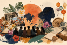 A colourful collage celebrating East and South-East Asian culture and heritage. It features a diverse group of adults sitting together, a silhouette of Asia against a large orange sun, hanging Chinese lanterns, traditional food and tableware, vintage family photographs, a bustling lantern-lined street, tropical flowers and foliage, and hands writing in a notebook. In the foreground, an open journal with a hand writing is surrounded by bold navy, teal and orange brushstrokes. The combination of people, photographs, objects and handwritten pages conveys themes of storytelling, memories, cultural traditions, identity, belonging and community.