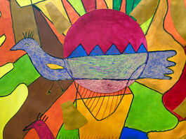 A mixed media collaged artwork of a blue bird on a brightly coloured abstract background