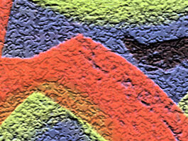 free flowing, brightly coloured abstract marks on a textured blue background