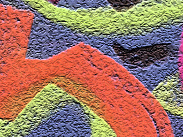 free flowing, brightly coloured abstract marks on a textured blue background