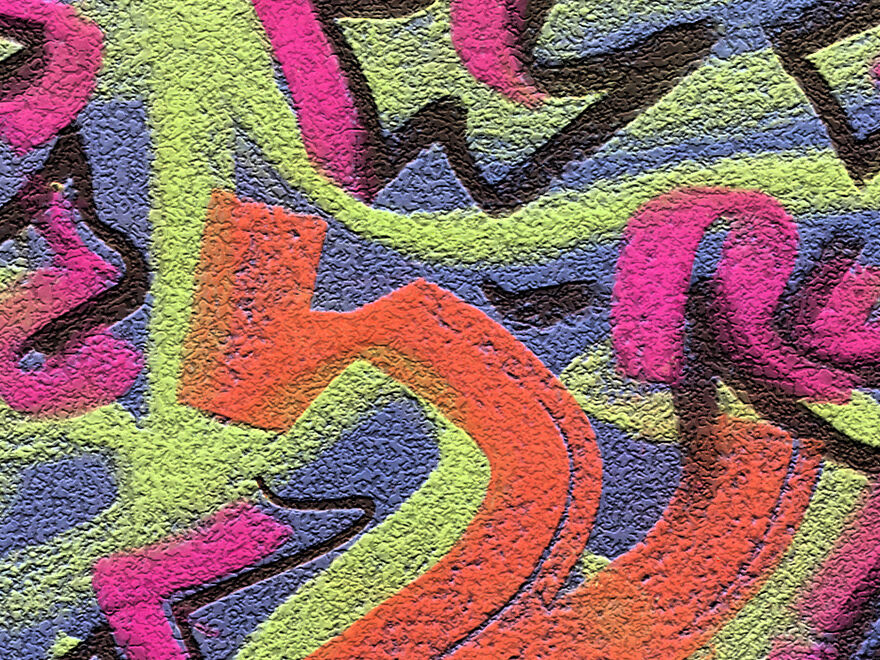 free flowing, brightly coloured abstract marks on a textured blue background
