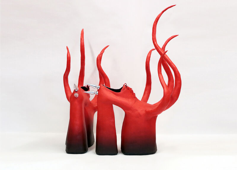 Unidentified Performing Objects shoe-sculpture by artist Luca Bosani in red with horns, made in Wandsworth, 2023