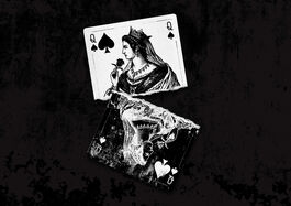 A drawing of a Queen of Spades playing card that has been ripped horizontally in the middle. The top half appears with the black outline of the Queen showing up against the white card, but the bottom half shows the colours inverted, with the Queen’s white outline showing up against a black card like an x-ray. 