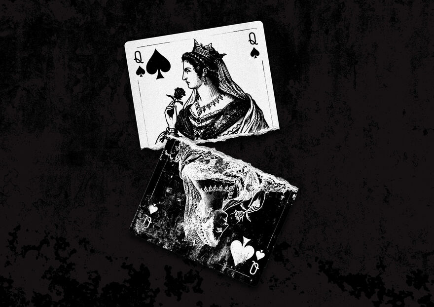 A drawing of a Queen of Spades playing card that has been ripped horizontally in the middle. The top half appears with the black outline of the Queen showing up against the white card, but the bottom half shows the colours inverted, with the Queen’s white outline showing up against a black card like an x-ray. 