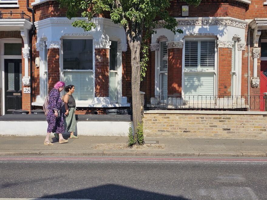 Jeanna and Manasi are walking in front of some houses in Battersea. Jeanne has pink hair and Manasi has black hair.