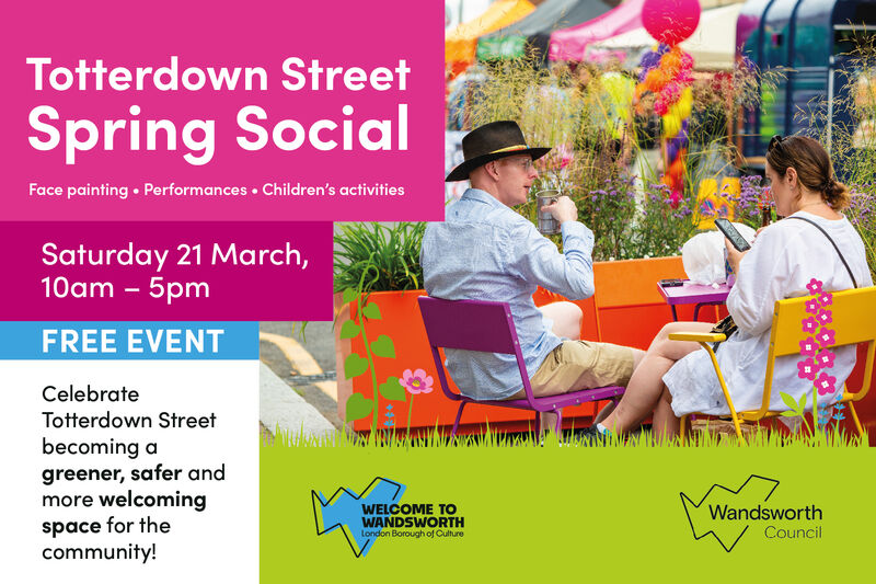 Totterdown Street Spring Social Event Flyer - Two people sitting on colourful tables with text Totterdown Street Spring Social and event details.