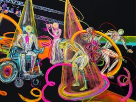 An abstract painting by Rachel Gadsden, showing five figures made of white lines flowing around a stage. From left to right: figure one is an electric wheelchair user underneath a spotlight, mid-movement; figure two stands at the back of the stage with their hands up as if they are signing; figure three is bent double, as if in a bow; figure four, a manual wheelchair user, is mid-movement; and figure five is in a running pose as if moving swiftly offstage.