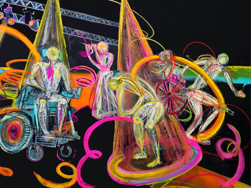 An abstract painting by Rachel Gadsden, showing five figures made of white lines flowing around a stage. From left to right: figure one is an electric wheelchair user underneath a spotlight, mid-movement; figure two stands at the back of the stage with their hands up as if they are signing; figure three is bent double, as if in a bow; figure four, a manual wheelchair user, is mid-movement; and figure five is in a running pose as if moving swiftly offstage.