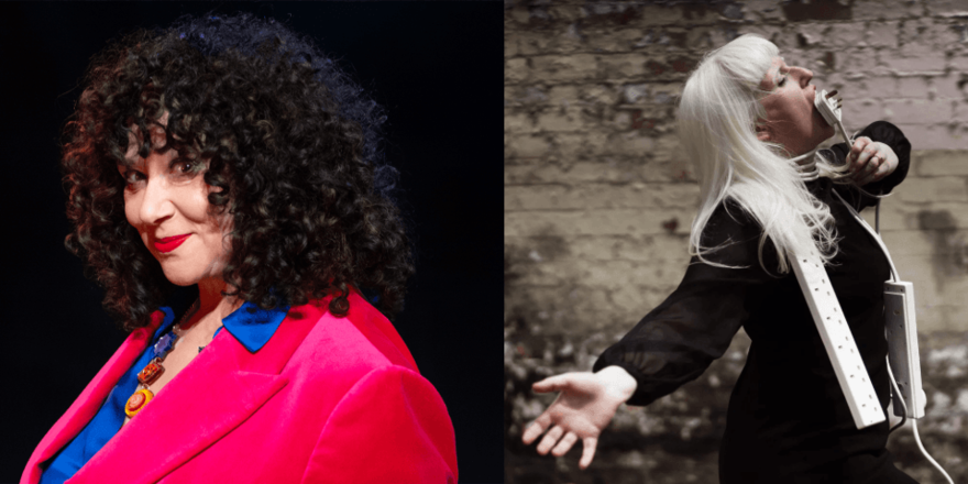 Two women's photos are side by side, one with dark curly hair and a pink blazer on and the other with long white hair and a black jacket on.