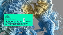 Blue and yellow sculptural artwork with text overlaid