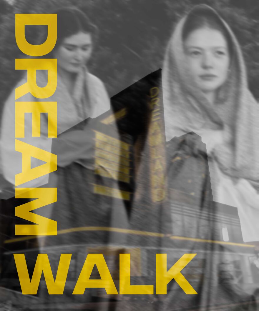 The image is a dreamlike montage featuring 2 young women in shawls - eyes downcast. Superimposed on this is Margate's Dreamland building; an iconic seaside landmark 