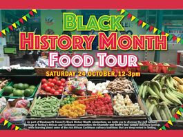 Black History Month Food Tour poster featuring a colourful fruit and vegetable market stall.