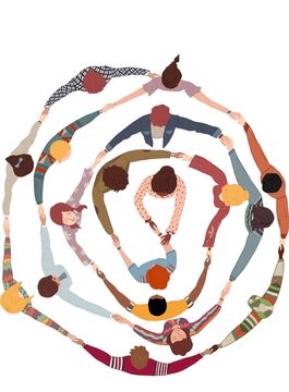 An image depicting a group of people in a circle all holding hands, connected to one another