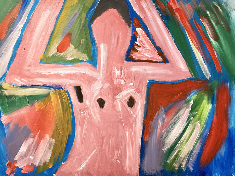 Painted colourful semi abstract female figure with arms raised above head