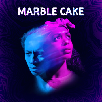 Pink and blue image of the two lead characters' faces blended together to create one joined image of the two faces