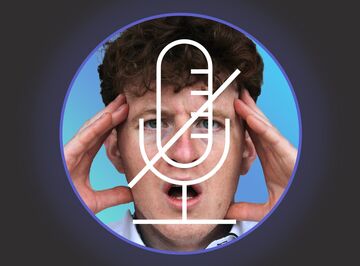 A bewildered young man trapped inside a Microsoft teams style profile picture, with a large muted microphone symbol across his face