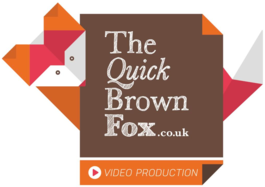 Image shows The Quick Brown Fox Video Production Logo, a brown square with writing in white, wrapped by a stylised  version of a fox in orange, dark pink and off white