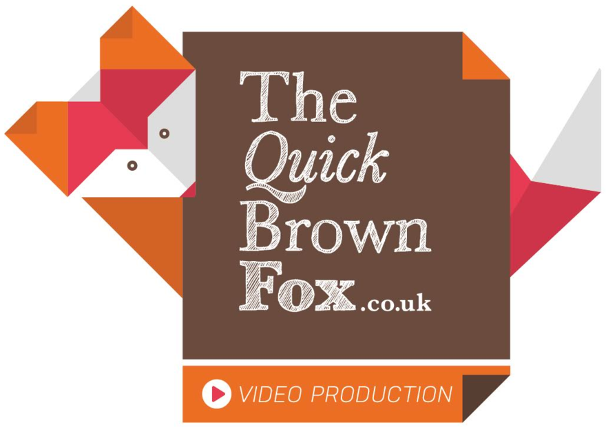 Image shows The Quick Brown Fox Video Production Logo, a brown square with writing in white, wrapped by a stylised version of a fox in orange, dark pink and off white