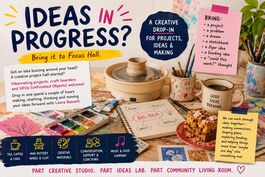 Image showing pottery wheel, paints and saying bring your ideas and half finished portable projects with you