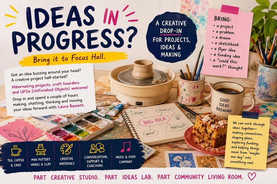 Image showing pottery wheel, paints and saying bring your ideas and half finished portable projects with you