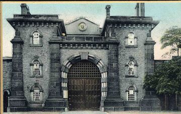 Photograph showing the gates of Wandsworth Prison. Wandsworth Libraries & Heritage Service.