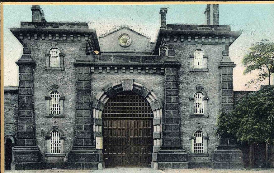 Photograph showing the gates of Wandsworth Prison. Wandsworth Libraries & Heritage Service.