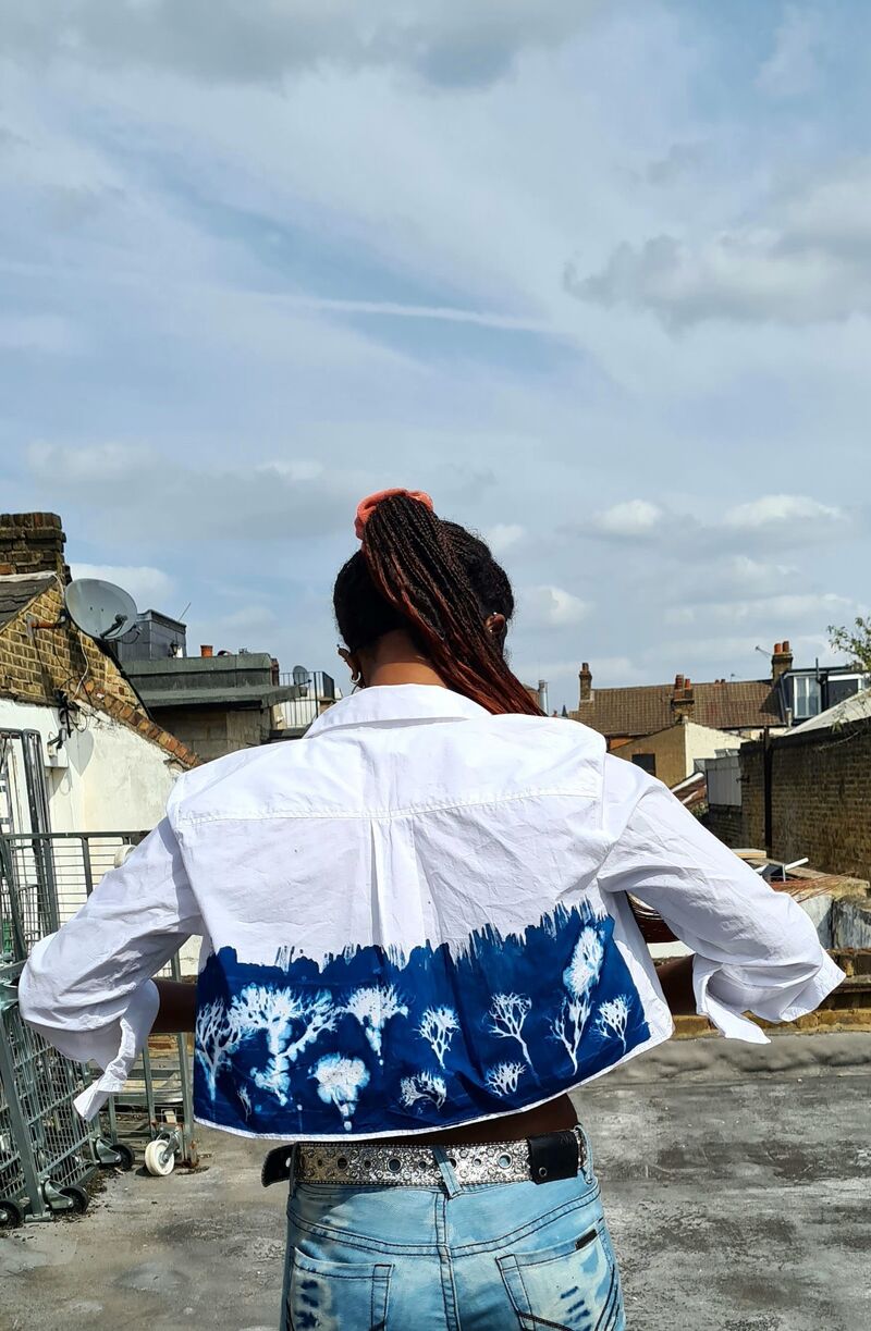 An old white shirt upcycled using a Cyanotype print