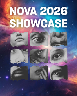 A pink galaxy background with the worlds 'NOVA 2026 SHOWCASE' at the top. There are a sections of 9 faces in black and white.