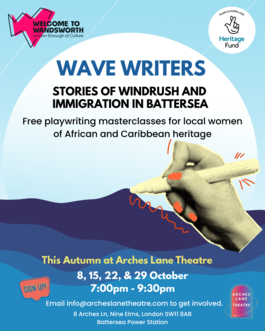 Wave Writers is written above a blue drawing of waves with a hand with orange finger nails holding a pen as though writing on the waves