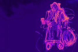 An abstract drawing of a person in an electric wheelchair. The image is vibrant hues of pinks and purples.