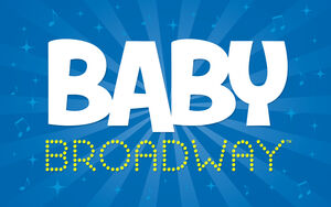 Baby Broadway logo on blue background, baby in white text, broadway in yellow dotted text underneath