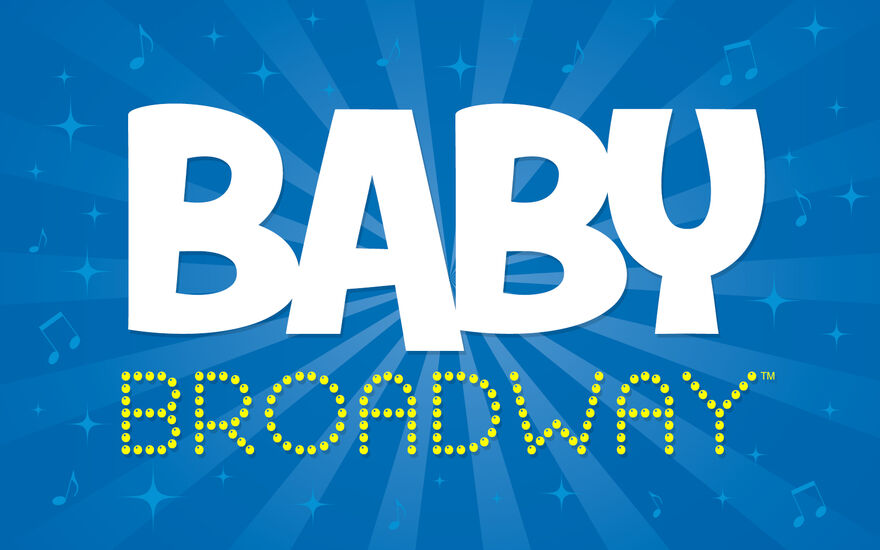 Baby Broadway logo on blue background, baby in white text, broadway in yellow dotted text underneath