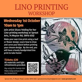A colorful promotional flyer for a Lino Printing Workshop. The top of the flyer has a bold orange background with the large red title: 