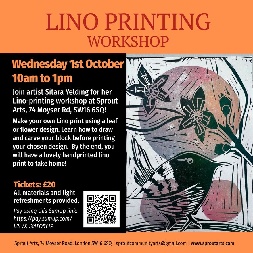 A colorful promotional flyer for a Lino Printing Workshop. The top of the flyer has a bold orange background with the large red title: 