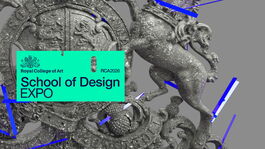 Blue and silver sculptural artwork with text overlaid