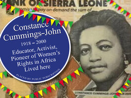 A blue commemorative plaque beside an image of Constance Cummings-John