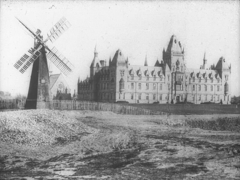 Black Sea Pumping Mill c1870. View showing Royal Victoria Patriotic School for Girls and the windmill. The mill can still be seen in Windmill Road, Wandsworth Common.