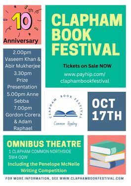 Poster detailing when and where the Clapham Book Festival will take place, plus those appearing at it.