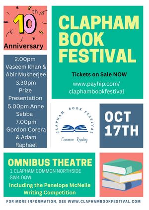 Poster detailing when and where the Clapham Book Festival will take place, plus those appearing at it.